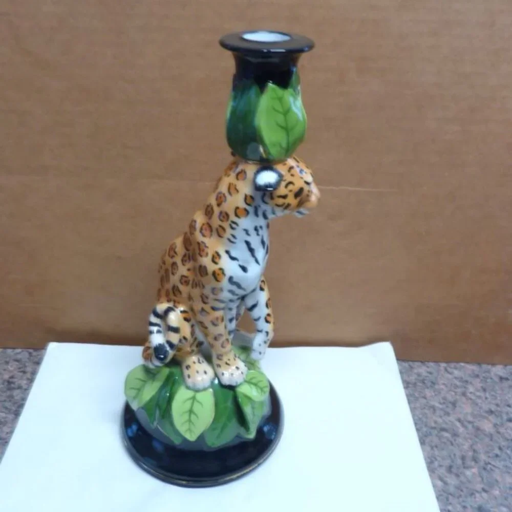 Lynn Chase JAGUAR JUNGLE Candlestick Candle Holder Vintage 1991 11.5” SIGNED - Picture 4 of 8